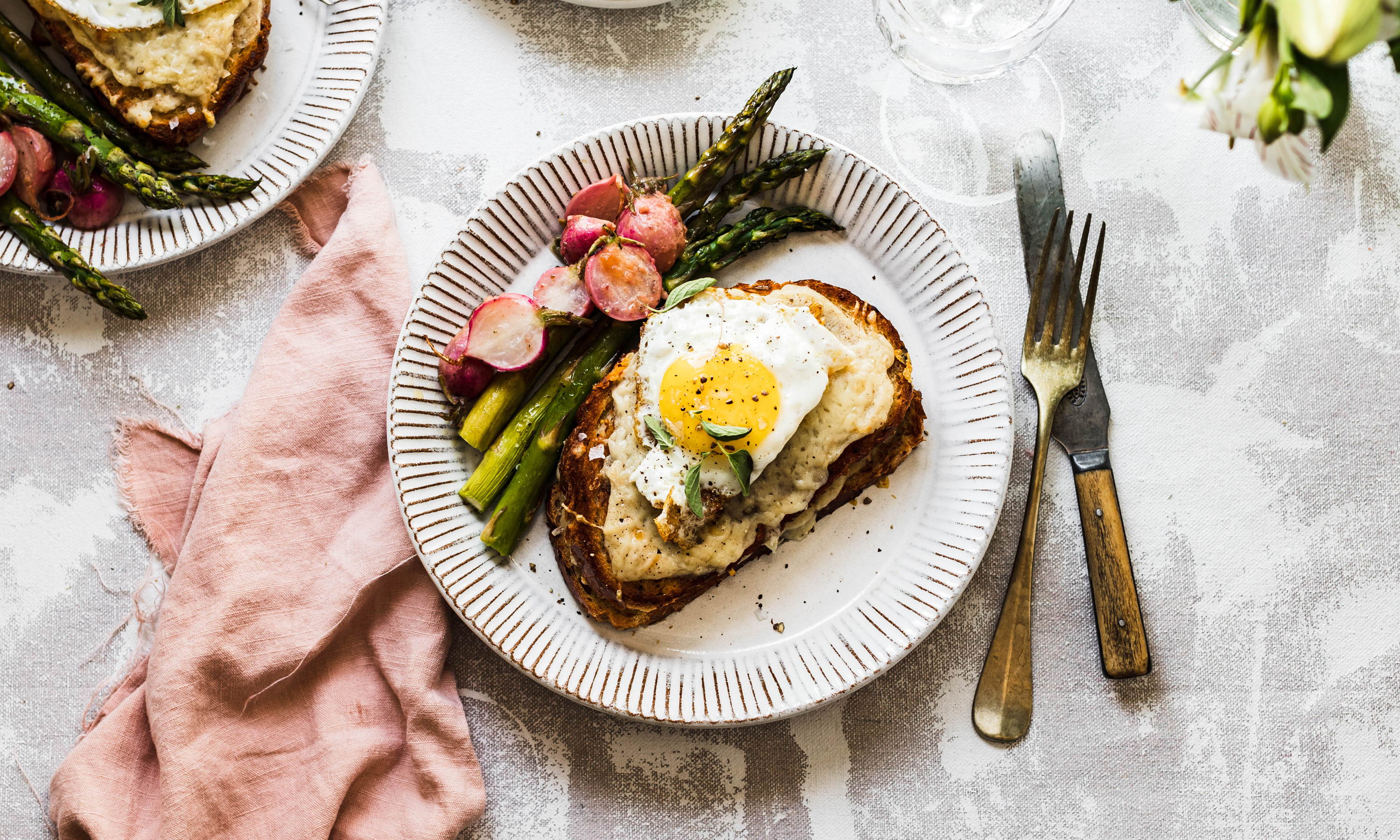 Croque Madame with Asparagus & Miso Butter Radishes